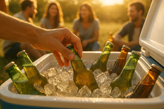 Grabbing green beer bottle from cooler with melting ice during outdoor sunset party with group of friends celebrating national refreshment day in field