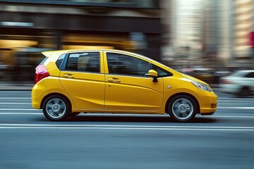 Yellow compact hatchback car driving fast on city street with blurred urban background conveying speed and motion
