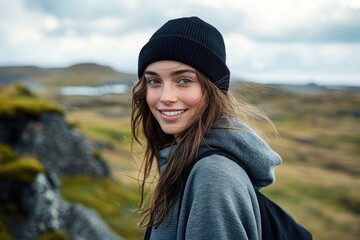 young woman with long hair wearing a black beanie and gray hoodie smiling outdoors in a natural landscape with hills and cloudy sky