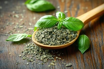 Close-up of dried herbs on a wooden spoon with fresh green basil leaves on a rustic wooden surface conveying freshness and natural simplicity