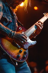 Obraz premium Close-up of a tattooed musician playing an electric guitar on stage with warm lighting and intense focus