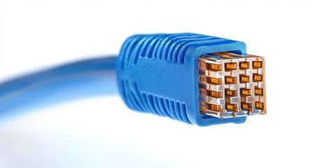 close-up of a blue ethernet cable connector with visible copper contacts against a white background