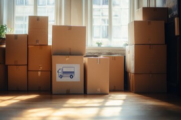 Stacked cardboard moving boxes in a sunlit room with large windows and wooden floor during daytime