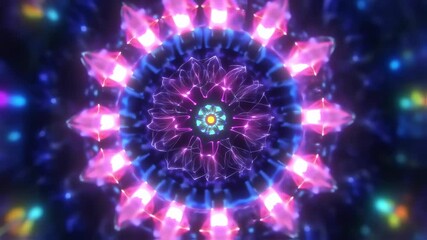 Vibrant kaleidoscope tunnel animation with glowing shapes and psychedelic colors