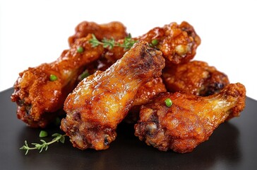 Close-up of crispy golden fried chicken wings garnished with fresh herbs on a dark plate evoking a savory and appetizing feeling