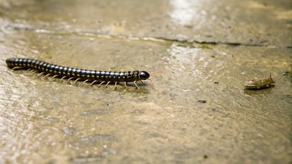 A millipede crawling on a wet surface facing a small insect in a close up shot