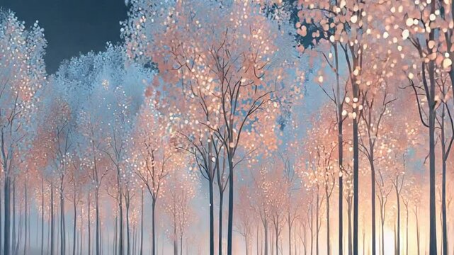 Mystical winter forest landscape with snow-covered trees and soft light filtering, creating a