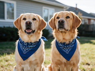 Two happy golden retrievers wearing blue bandanas sit in the yard of their house, looking at the camera on a sunny day.