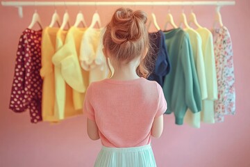 young girl with messy bun hair standing in front of colorful clothes on hangers against a pink background