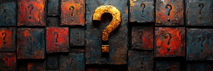 Multiple textured blocks featuring question marks with one prominent golden question mark in the center symbolizing curiosity and mystery