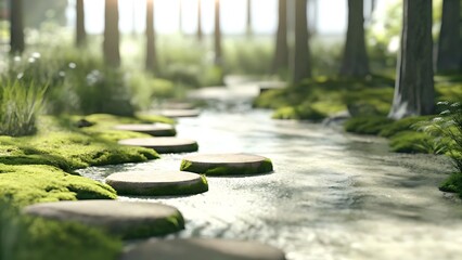 Stepping stones across a stream in a forest with mossy banks and tall trees