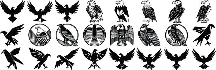 A collection of diverse black and white eagle vector illustrations representing strength and freedom suitable for logos and designs