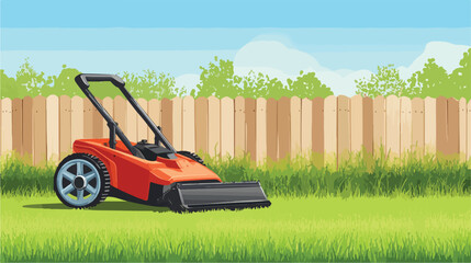 Lawnmower on Smooth Green Lawn with Wooden Border