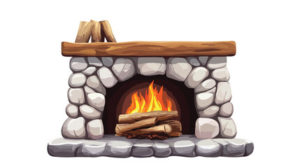 Modern Stone Fireplace with Hot Flame Vector Illustration