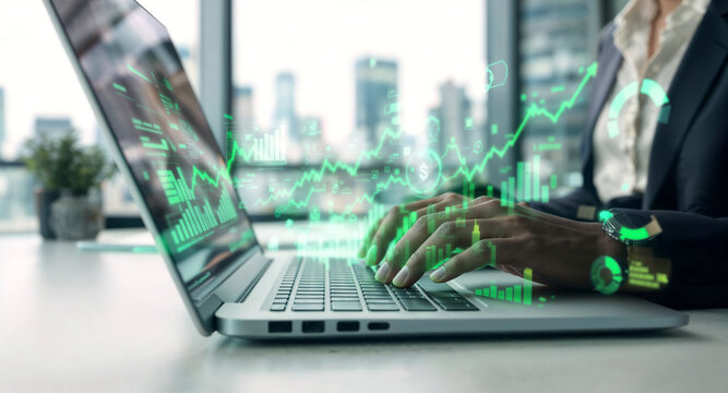 Businesswoman using laptop analyzing financial data with graphic overlay of positive charts, graphs and market trends. Innovative technology for business financial analysis and stock market investment