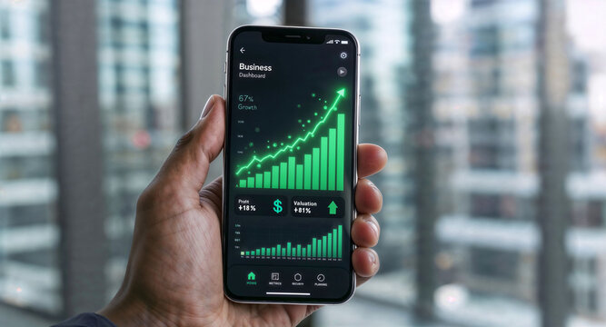 Close-up of man's hand holding mobile phone showing business dashboard app displaying company growth chart with upward green arrow and positive results. Concept of financial success for businesses