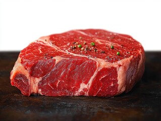 Fresh raw beef steak seasoned with black and green peppercorns on a dark surface