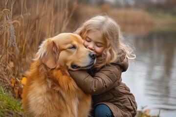 young girl hugging a large golden retriever dog outdoors near a calm body of water with tall grasses in the background, showing affection and warmth