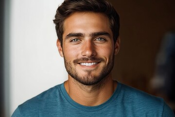 Fototapeta premium Close-up portrait of a smiling young man with short curly hair and beard wearing a blue t-shirt against a neutral background