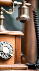 Close up shot of an antique rotary telephone with wooden base and metal accents