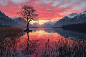 Solitary leafless tree reflected in calm lake water during vibrant red and orange sunset with mountain ranges in the background and tall grasses in foreground