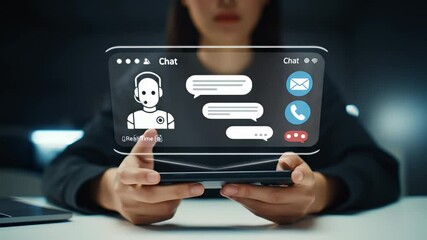 Woman Holding Mobile Phone Displaying Holographic Ai Interface on Dark Background Featuring Digital Communication and Virtual Assistant - Powered by Adobe