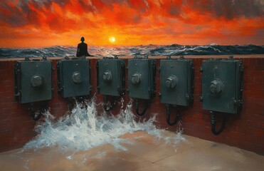 Person sitting alone on a wall overlooking turbulent ocean waves under a fiery orange sunset sky with large electrical boxes mounted on the wall and water splashing onto the ground