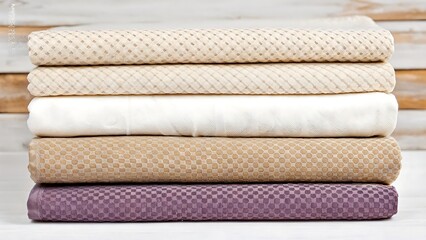 Stack of folded textured blankets in neutral and purple tones on white surface