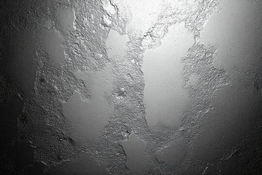 Close-up of a textured surface with irregular rough patches and smooth metallic areas creating an abstract, industrial feel with high contrast lighting