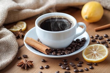Steaming cup of black coffee in a white cup on a saucer with coffee beans and cinnamon sticks surrounded by lemon slices and star anise on wooden surface