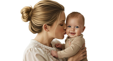 Happy mom kisses a cute baby isolated on a transparent background








