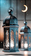 Close up of ornate lanterns hanging with a crescent moon in the background view