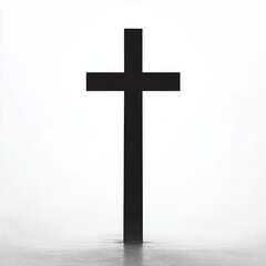 Naklejka premium Silent black cross standing upright in calm water surrounded by dense white mist, evoking feelings of solitude and reflection