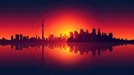 City silhouette at sunset reflected in water.