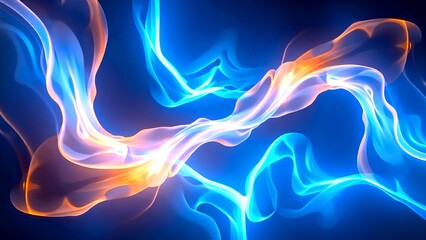 Abstract digital art featuring flowing, luminous blue and orange waves intertwined on a dark background, creating a dynamic, energetic visual effect.