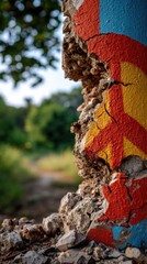 A wall riddled with bullet holes, covered partially by colorful peace graffiti art
