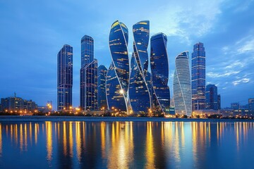 Naklejka premium Modern city skyline at dusk featuring high-rise buildings with curved and illuminated facades reflected in calm water under a blue cloudy sky