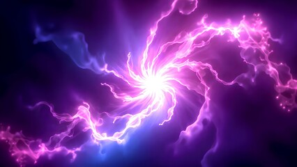 A vibrant purple and pink electric energy swirl radiates bright light, creating a dynamic, glowing spiral effect on a dark background.