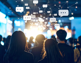 Audience from behind with an overlay of interconnected chat bubbles and network lines, symbolizing digital communication, social media, and interactive connectivity in events.