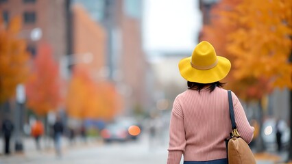 Woman in yellow hat walking down a street with autumn trees in the background view