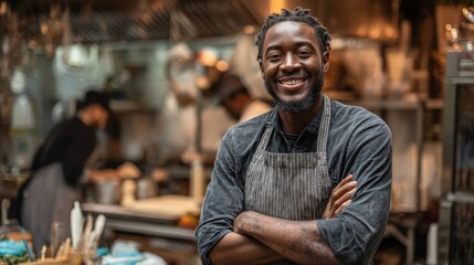 Warmly smiling barista stands proudly in front of an active kitchen embodying the spirit of exceptional customer service amidst a backdrop of culinary creativity and hustle.
