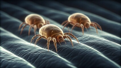 Close up of three dust mites crawling on fabric with detailed textures visible