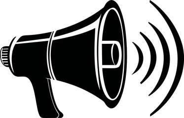 Black and white megaphone illustration with sound waves signaling loud volume