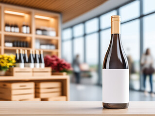 Elegant wine bottle with blank white label on wooden counter in upscale wine shop, golden cap and shelf display, ideal for branding, product mockup, and retail advertisement