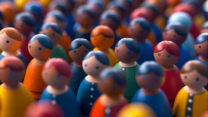 A dense crowd of colorful wooden figurines with simple features and round heads