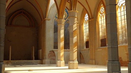 Interior view of an old church with arched windows and stone columns and light beams