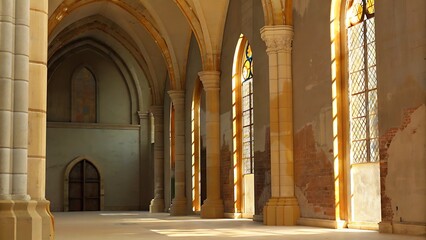 Interior view of a cathedral with arches, columns, and light streaming through windows