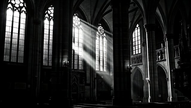 Interior of a gothic church with light streaming through stained glass windows