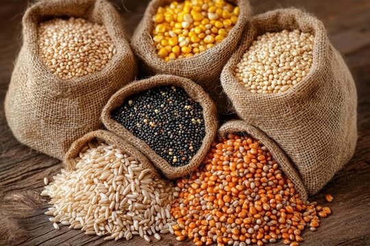 Close-up of five burlap sacks filled with different grains and seeds spilled on wooden surface evoking natural, rustic, and wholesome feeling