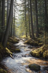 Obraz premium Sunlight filtering through tall trees onto a flowing forest stream surrounded by mossy rocks and dense green foliage